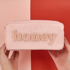 Plush Letter Print Cosmetic Bag Zipper Makeup Pouch