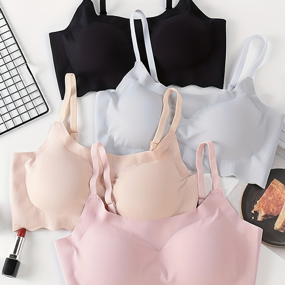 4 Seamless Solid Bralettes Comfortable Adjustable Straps Intimates Bra