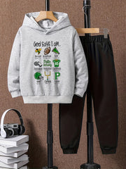 2pcs Boys Football Print Hoodie & Solid Sweatpants Set