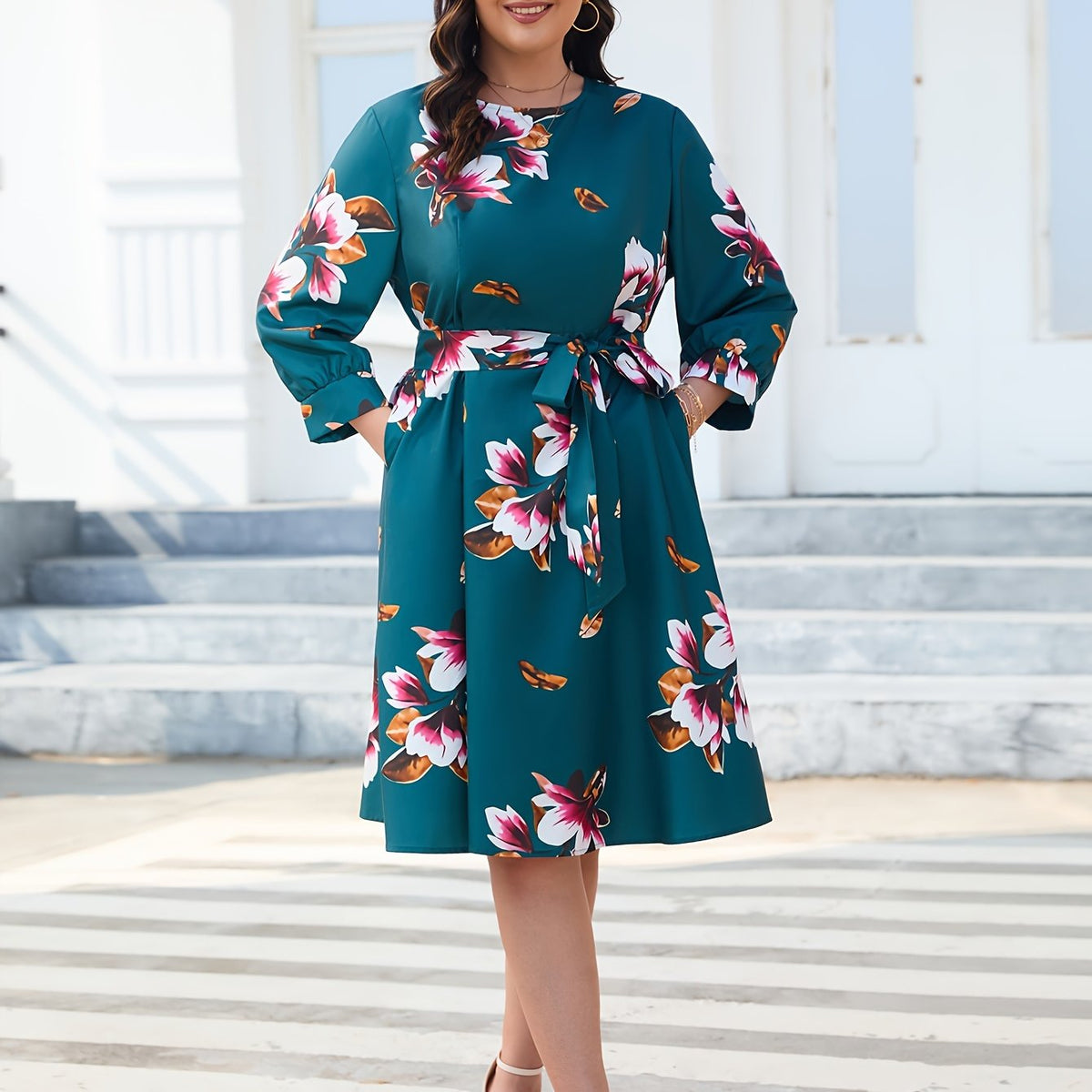  Floral Print Lantern Sleeve Dress