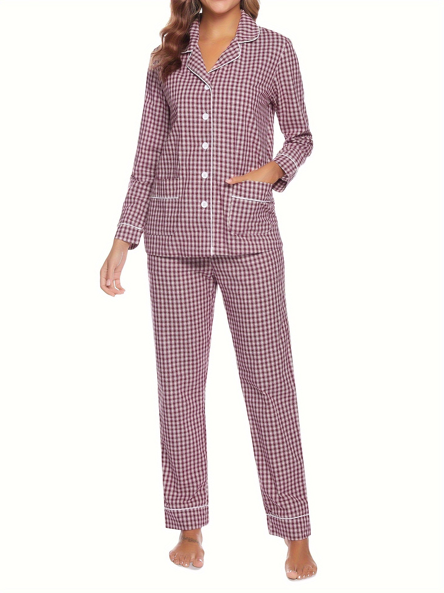 Plaid Print Lounge Set Long Sleeve Buttons Top & Elastic Waistband Pants