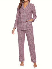 Plaid Print Lounge Set Long Sleeve Buttons Top & Elastic Waistband Pants