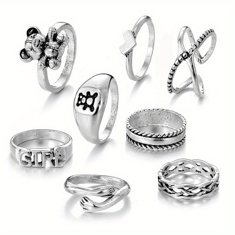 8pcs Punk Style Stacking Rings Teddy Bear Heart Mix Match Daily Outfits Party