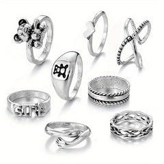 8pcs Punk Style Stacking Rings Teddy Bear Heart Mix Match Daily Outfits Party