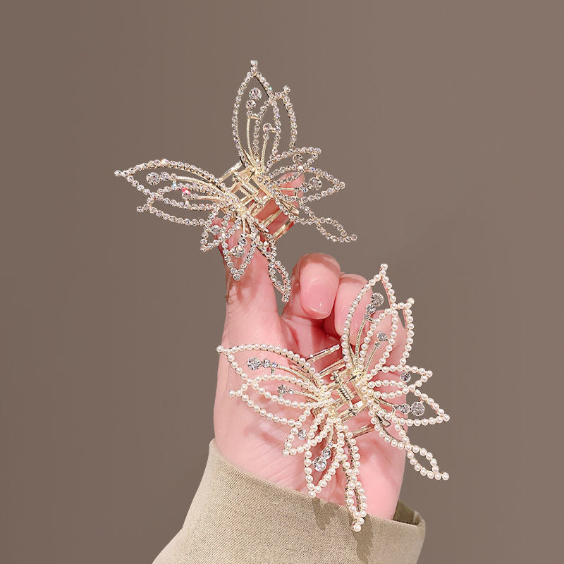 Medium Hair Claw Clip Butterfly Style Non Slip Rhinestone Pearl Decor Barrettes