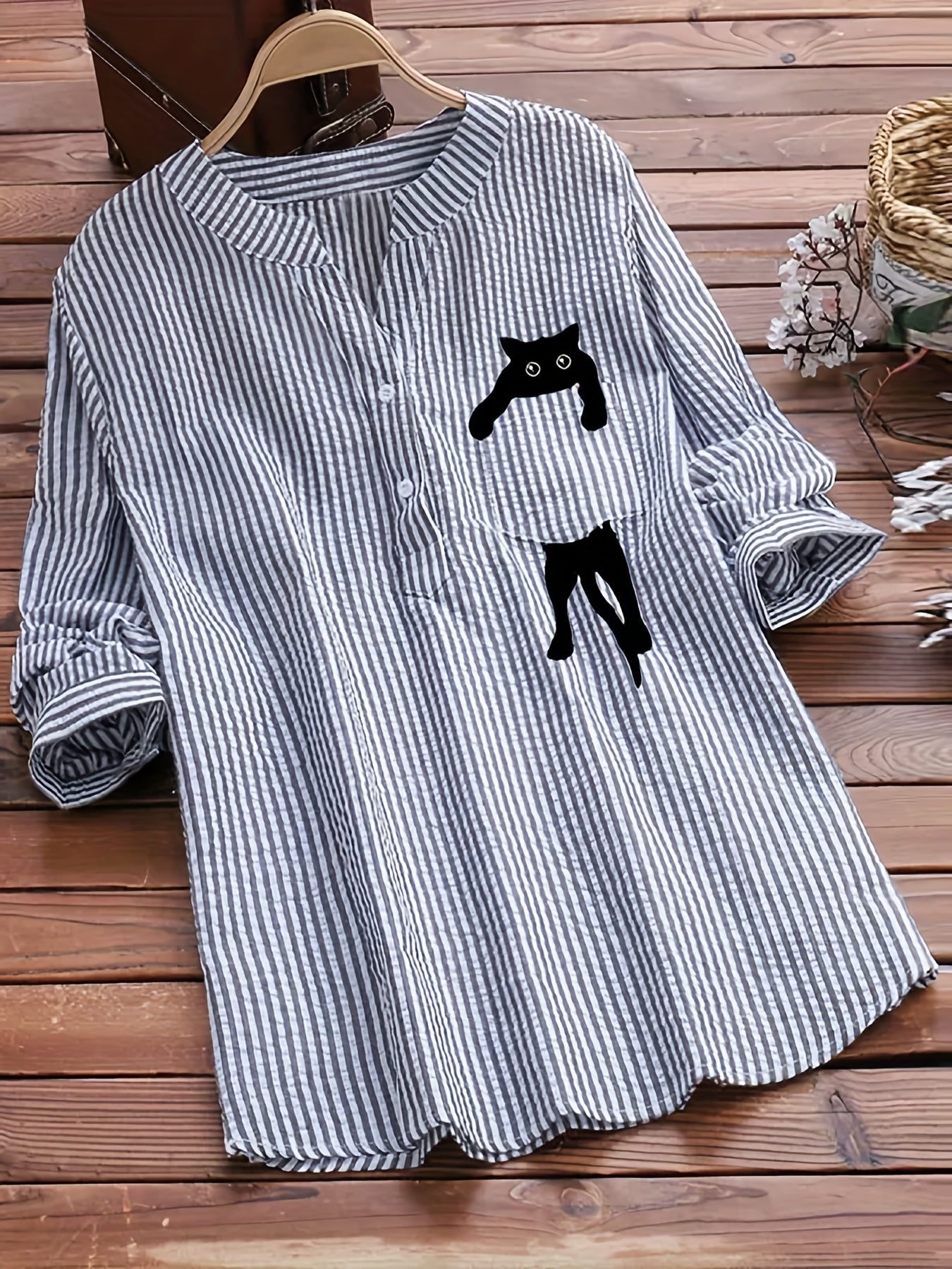  Stripe & Cut Cat Print Blouse
