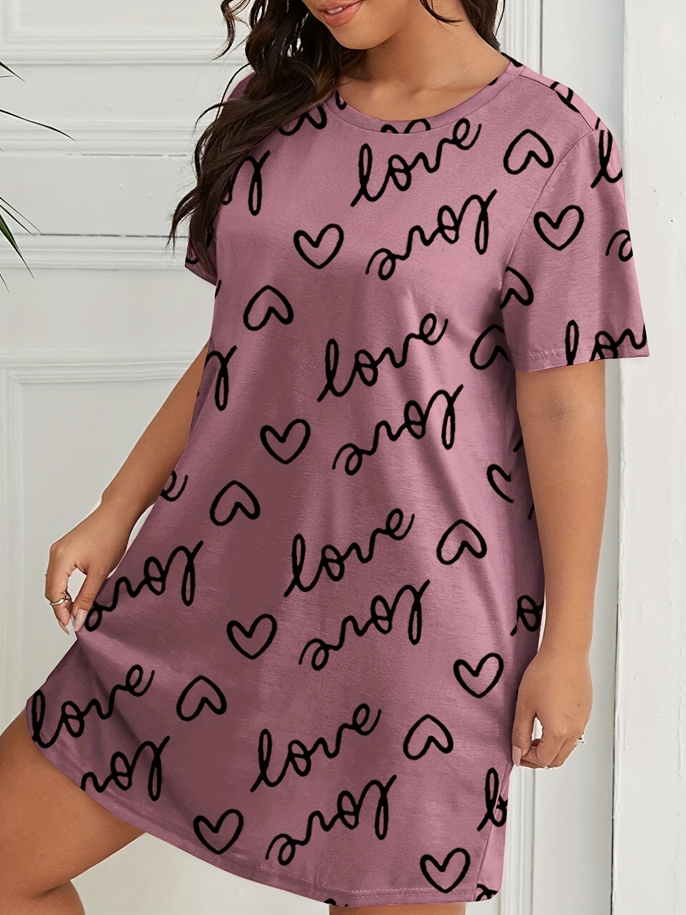  Heart & Letter Print Short Sleeve Sleep Dress