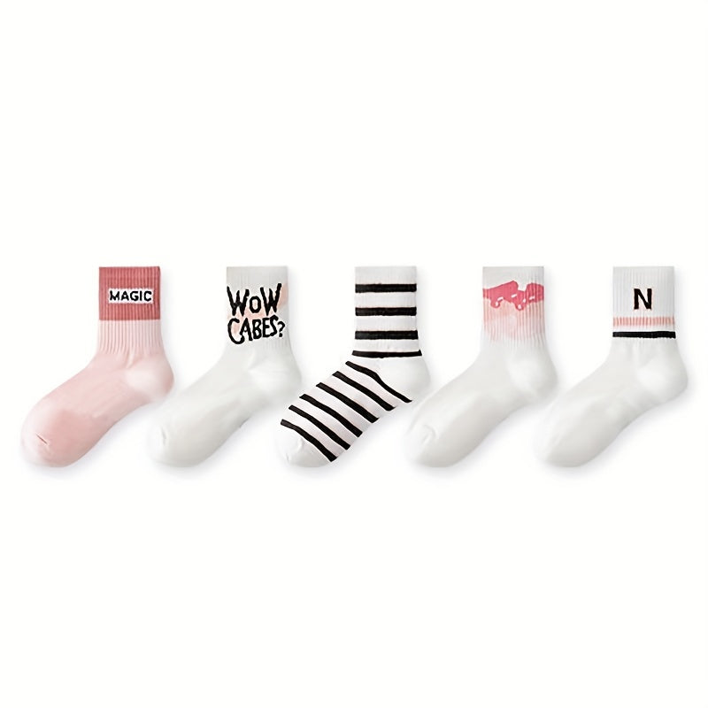 5 Pairs Letter Print Socks Comfy & Breathable Women's Stockings & Hosiery