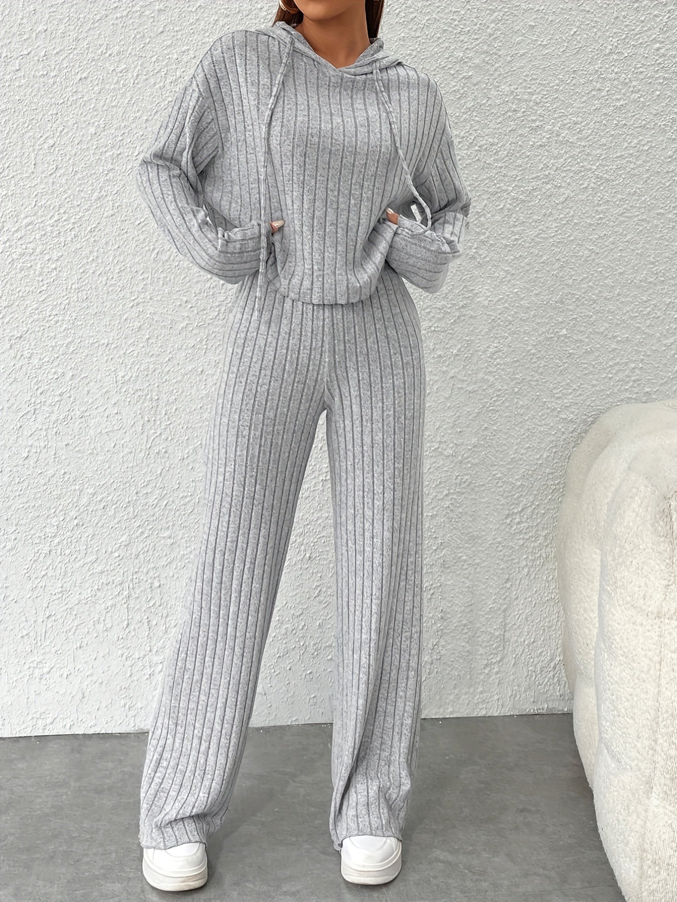 Solid Knit 2pc Set Hoodie & Wide Leg Pants