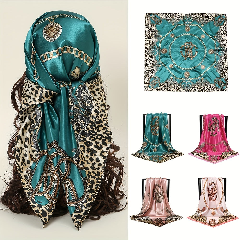 Leopard Chain Print Bandana Satin Square Head Scarf Solid Shawl