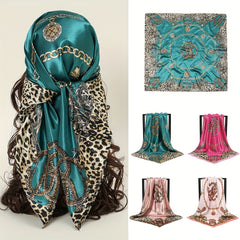 Leopard Chain Print Bandana Satin Square Head Scarf Solid Shawl