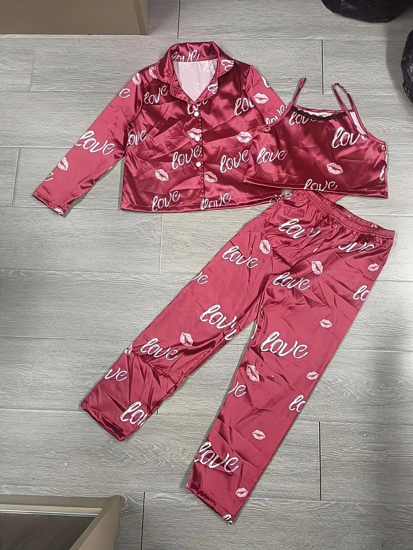 Girl's 3pcs Heart Print Pajama Set Long Sleeve Top Camisole Pants