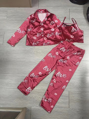 Girl's 3pcs Heart Print Pajama Set Long Sleeve Top Camisole Pants