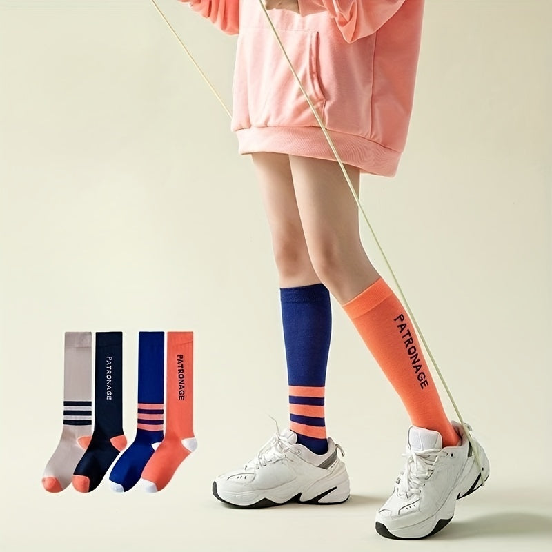 Letter & Stripe Print Calf Socks Colorblock Knee High Socks
