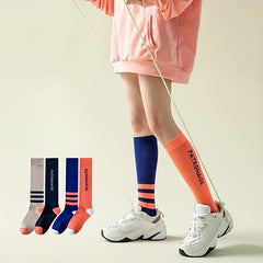 Letter & Stripe Print Calf Socks Colorblock Knee High Socks