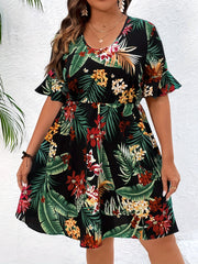 Tropical Print Bell Sleeve Dress