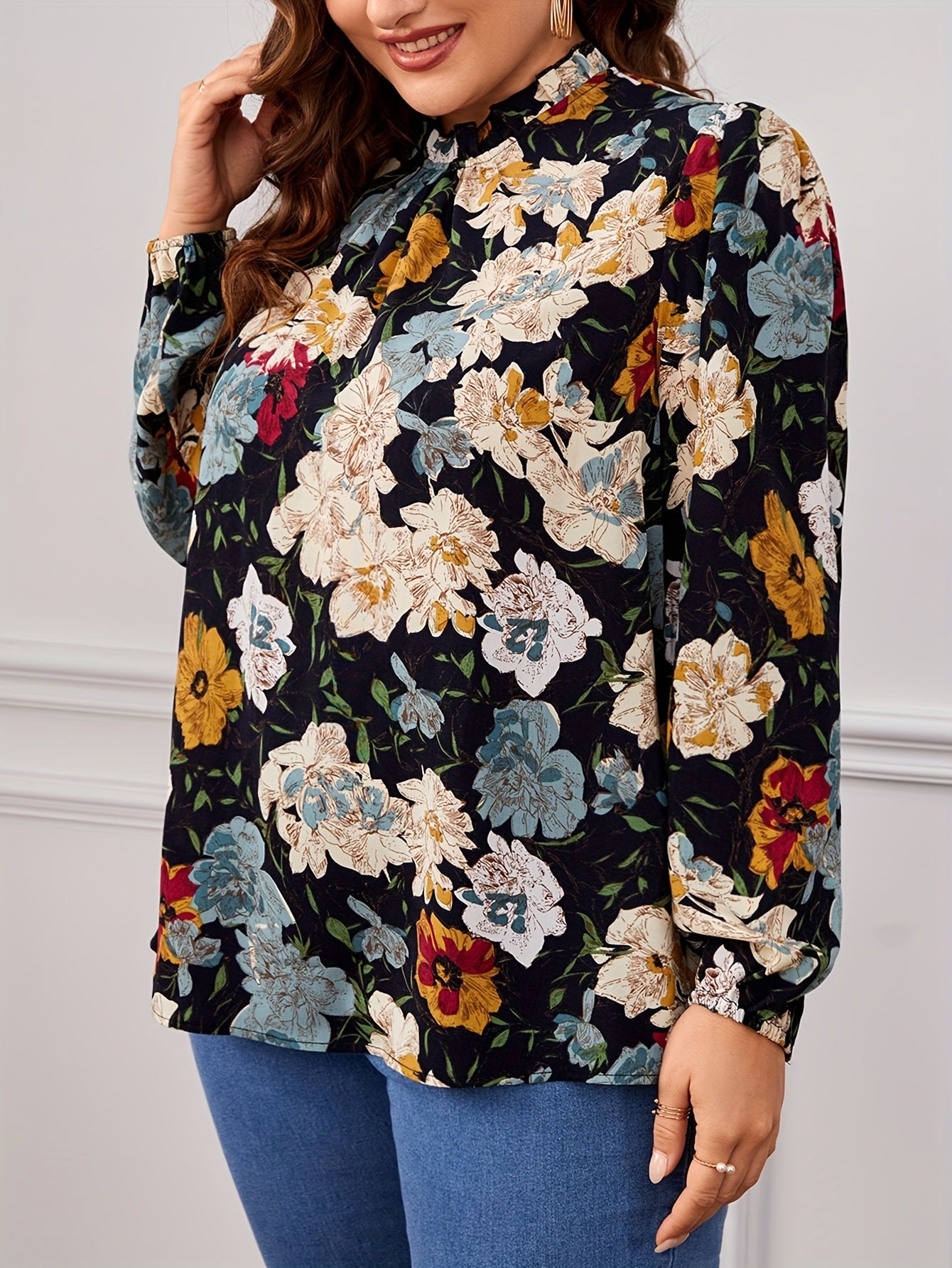  Floral Print Ruffle Trim Lantern Sleeve Blouse