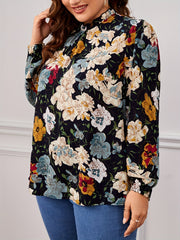  Floral Print Ruffle Trim Lantern Sleeve Blouse