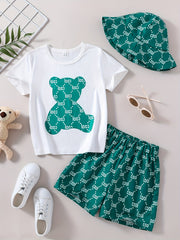 Boys Bear Print T-shirt & Shorts & Hat Set Casual Summer Outfit