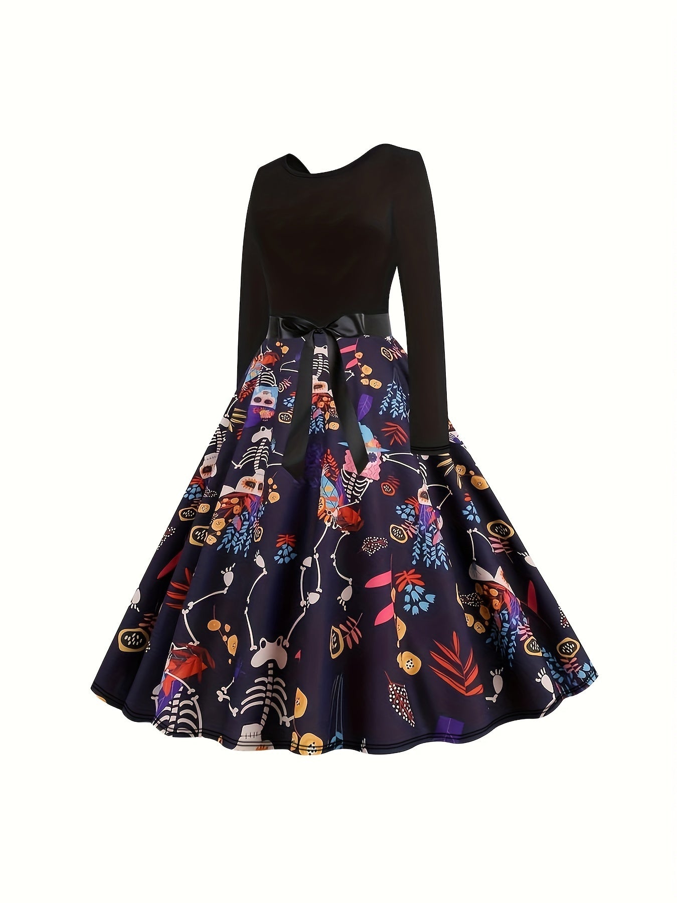 Gothic Dress Colorblock Funny Skull Print Long Sleeve Bow Front Swing
