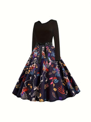  Gothic Dress Colorblock Funny Skull Print Long Sleeve Bow Front Swing