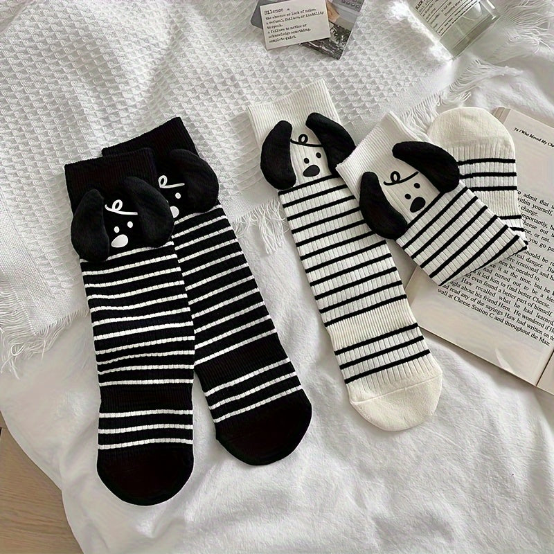Cartoon Dog Striped Socks Women's Stockings Comfy & Mid Tube Socks
