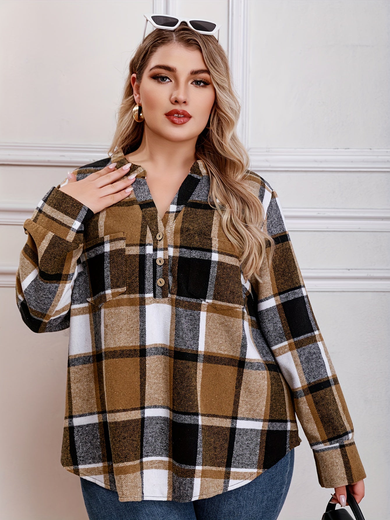  Plaid Print Button Up Long Sleeve V Neck Loose Fit Shirt Top