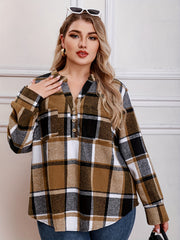  Plaid Print Button Up Long Sleeve V Neck Loose Fit Shirt Top