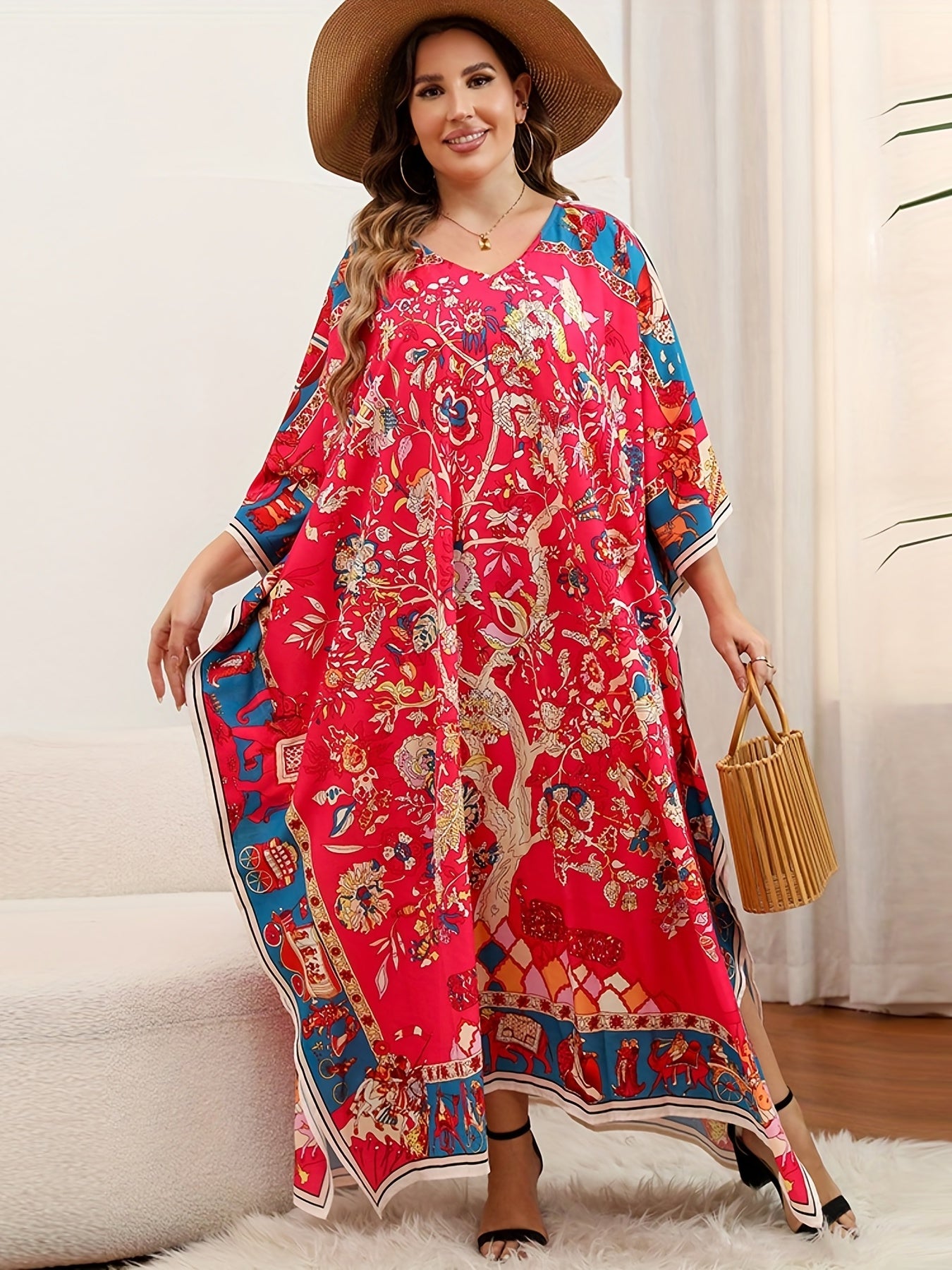  Boho Cover Up Dress Women's Plus Floral Print Bat Sleeve V Neck