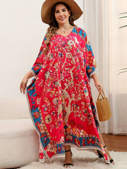  Boho Cover Up Dress Women's Plus Floral Print Bat Sleeve V Neck