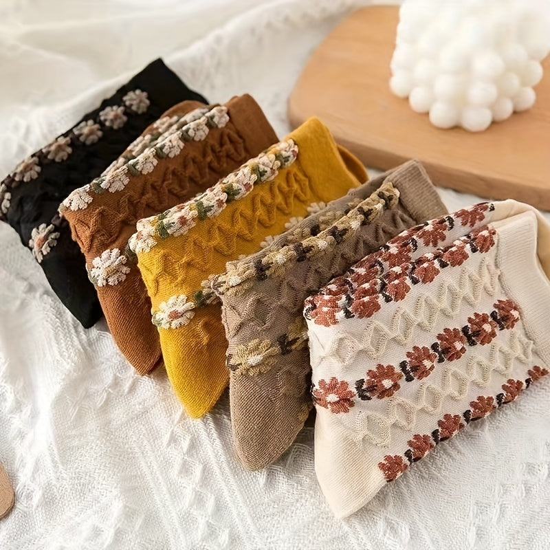 5 Pairs Floral Print Mid Tube Socks Women's Stockings