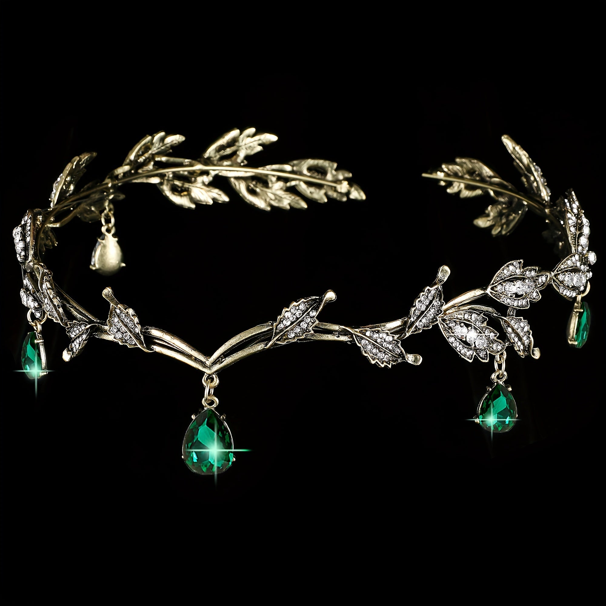 Emerald Green Fairy Crown Tiara Crystal Leaf Elf Bandana Cosplay