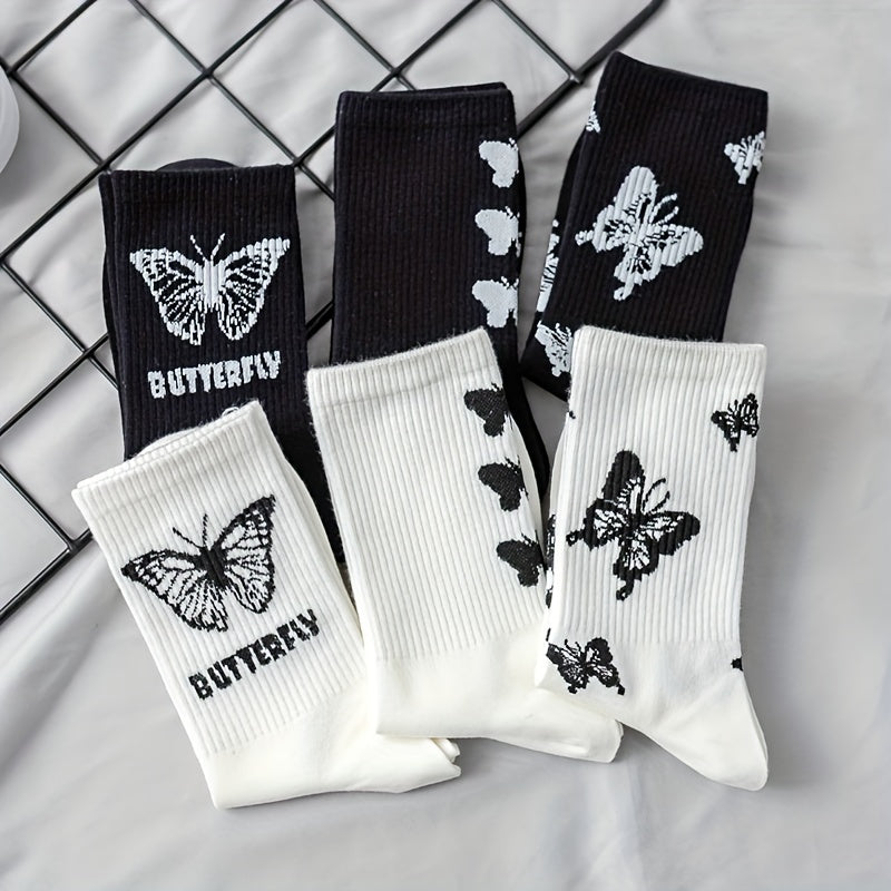 6 Pairs Butterfly Print Mid Tube Socks Women's Stockings