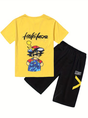 Boys Cartoon & Letter TShirt Set Round Neck Tees Top & Elastic Waist Shorts