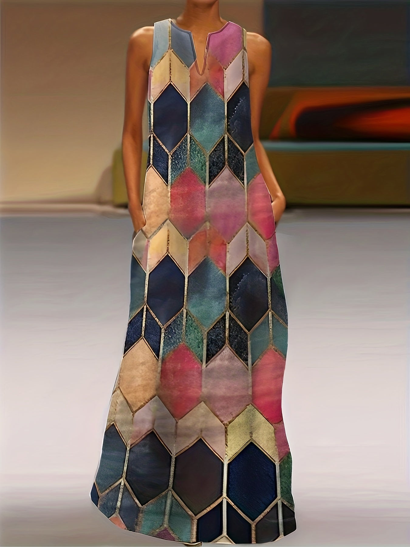  Geometric Print Tank Dress with Pockets