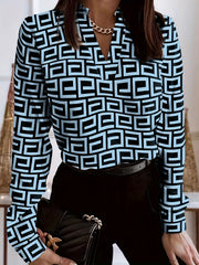  Heart Print Long Sleeve V Neck Blouse