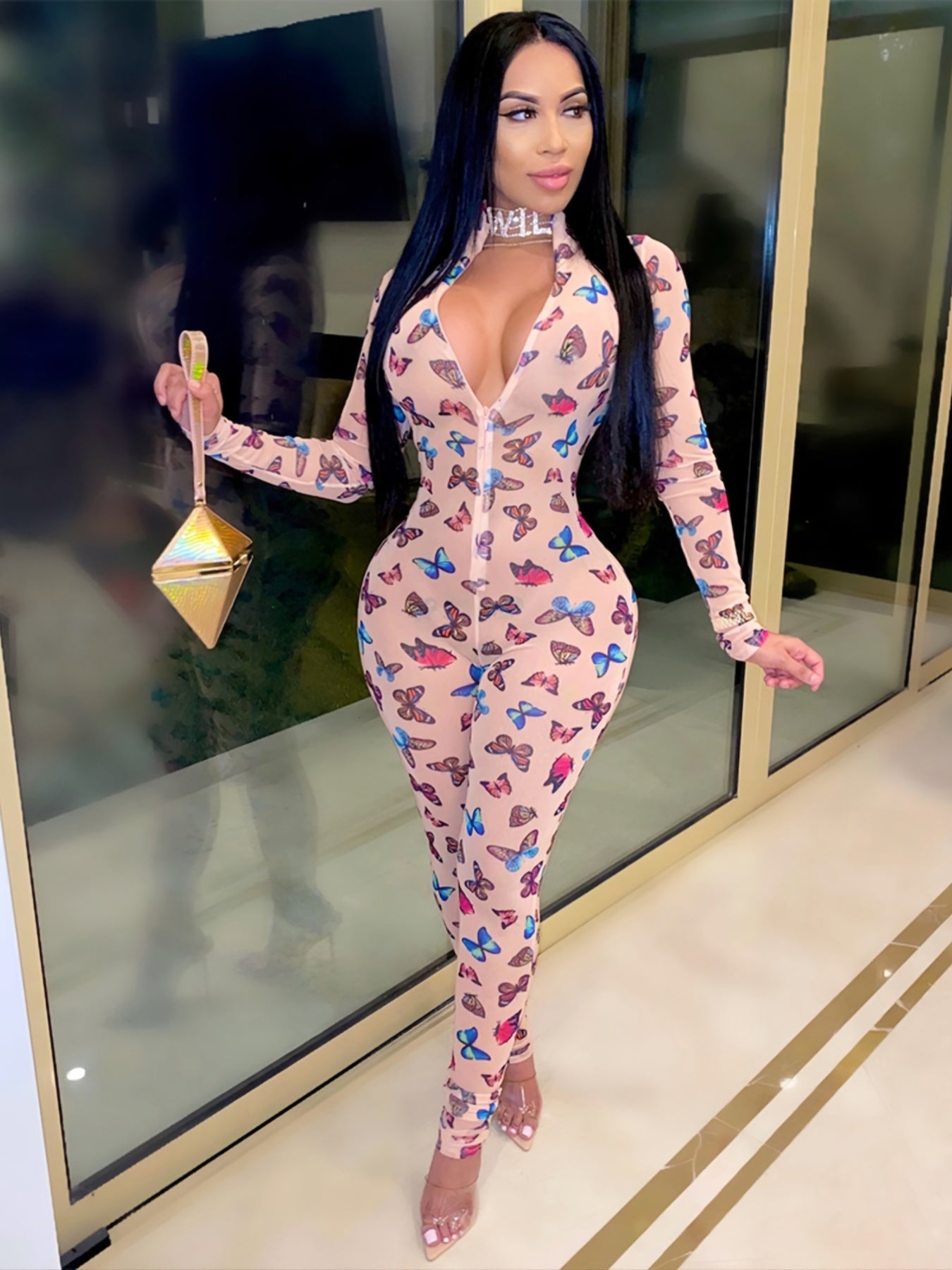 Butterfly Print Zip Up Jumpsuit Long Sleeve Skinny Jumpsuit