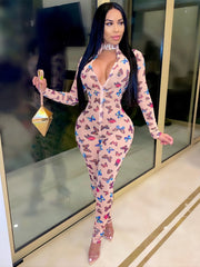 Butterfly Print Zip Up Jumpsuit Long Sleeve Skinny Jumpsuit