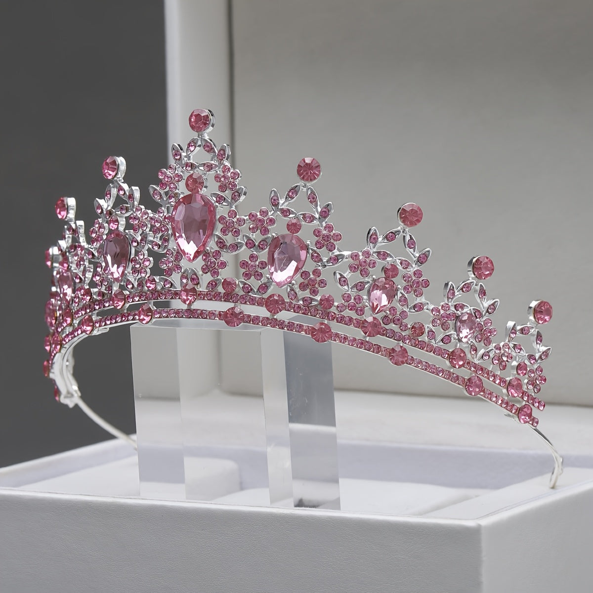 Yabeni Pink Crown Hair Accessory with Rhinestones for Wedding Party