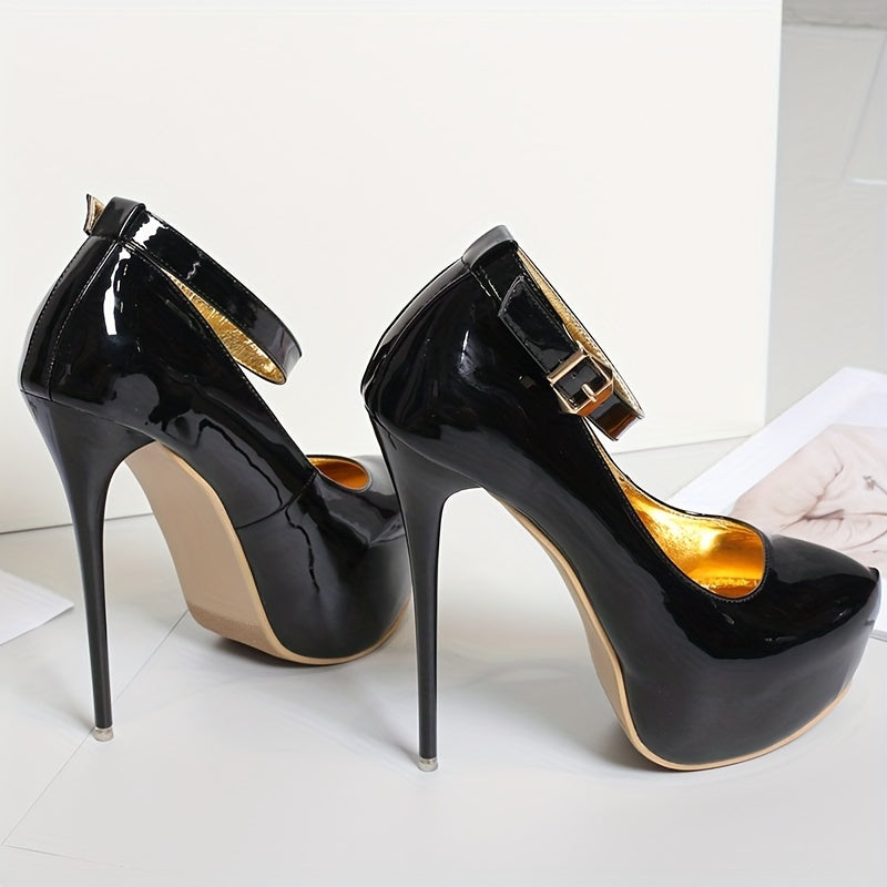 Women's Platform High Heels Patent Leather Ankle Strap Stiletto Heels