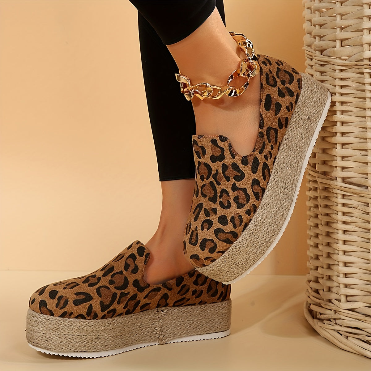 Leopard Pattern Slip On Espadrilles Low Heel Casual Outdoor Shoes