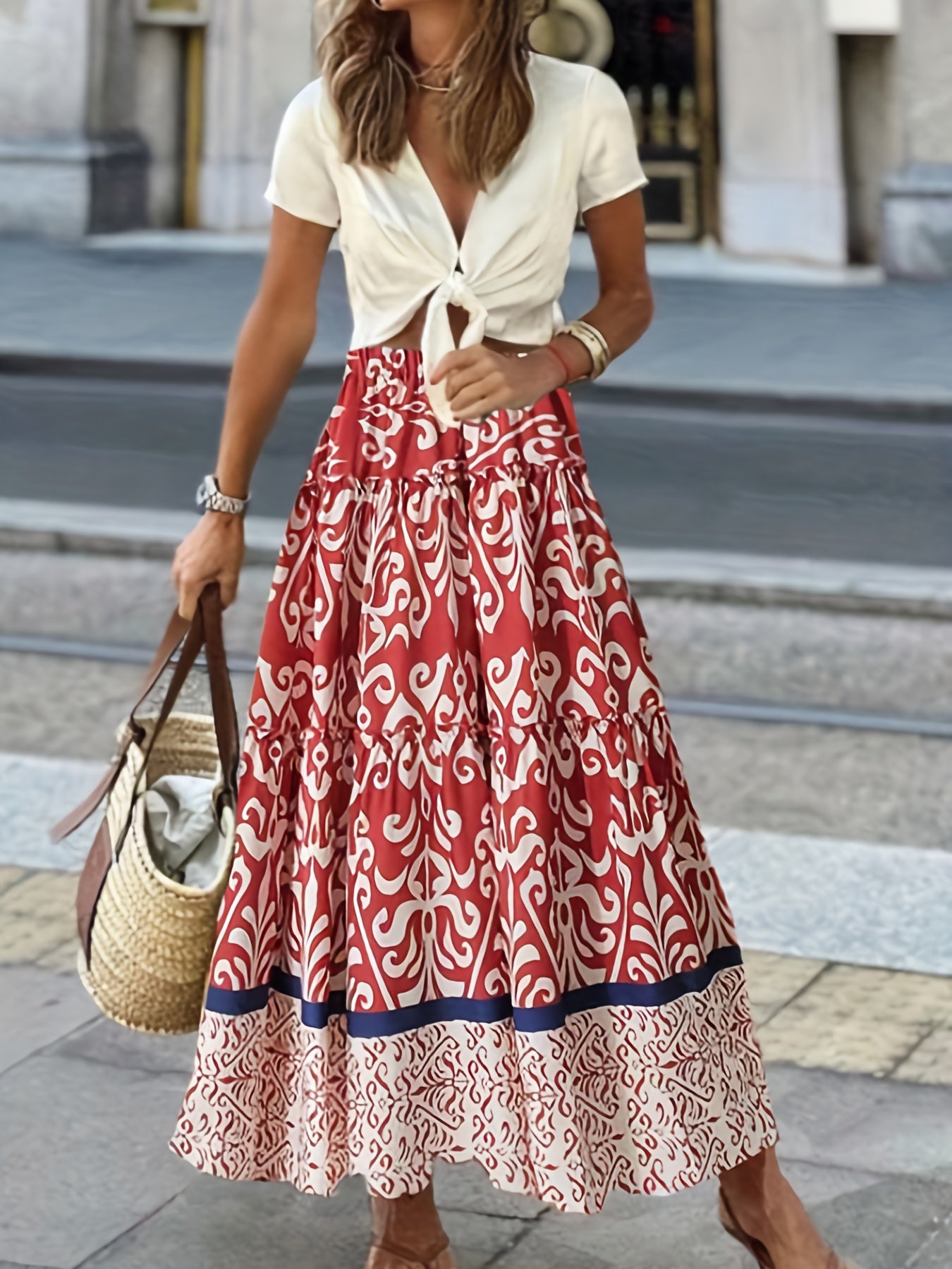  Tribal Print Ruffle Trim Smock Maxi Skirt