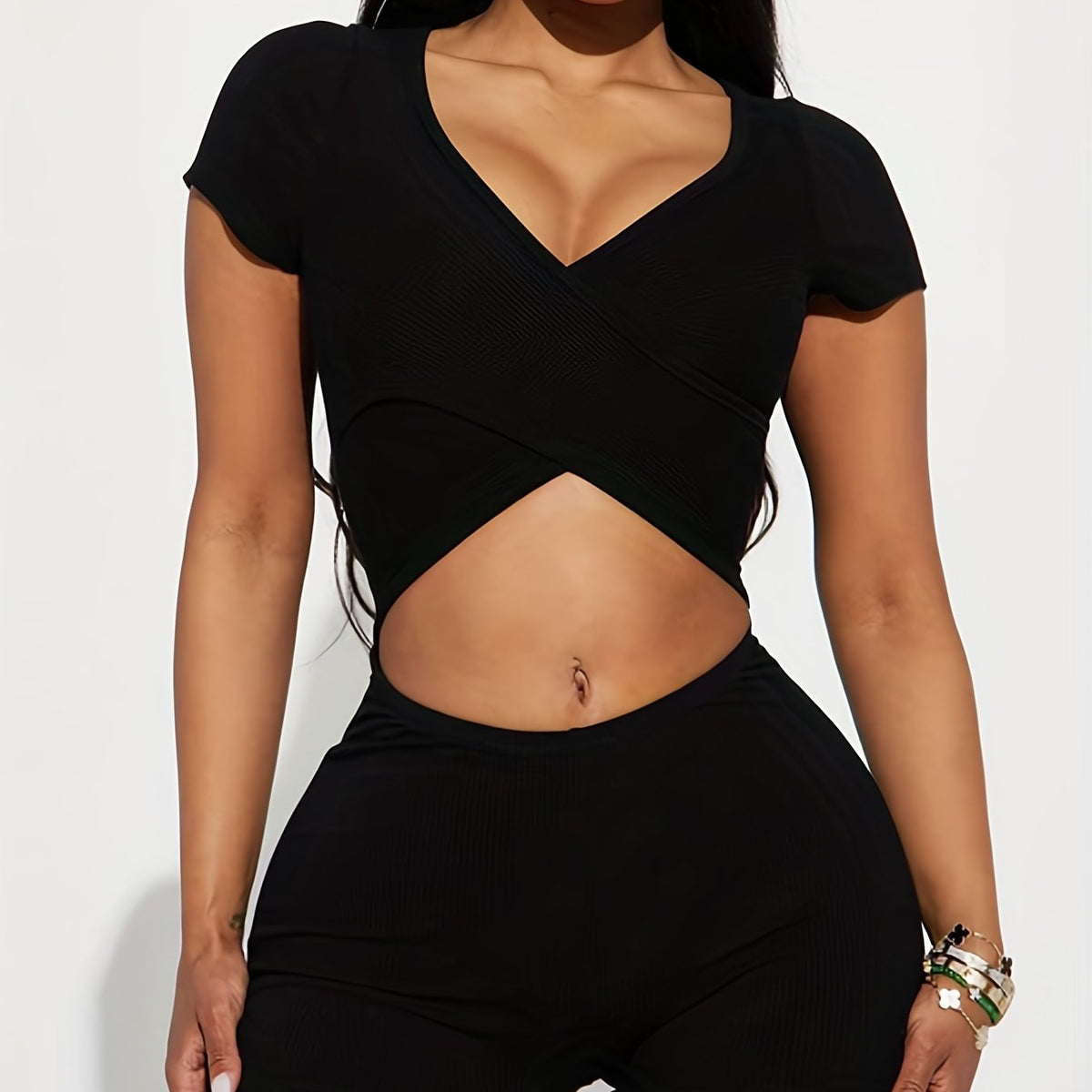 Surplice Neck Cut Out Romper Jumpsuit Sexy Short Sleeve