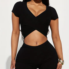 Surplice Neck Cut Out Romper Jumpsuit Sexy Short Sleeve