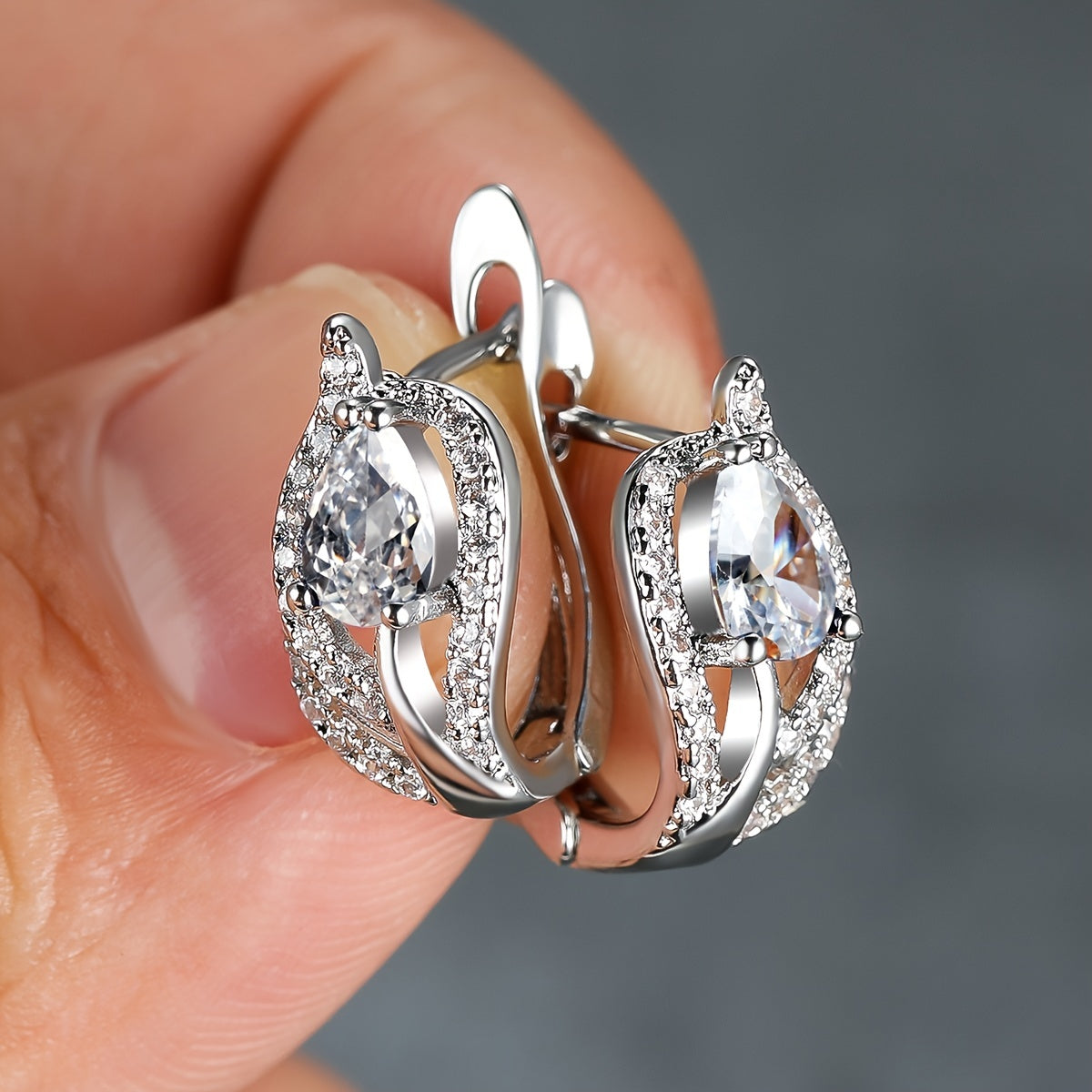 Multicolor Zirconia Stone Hoop Earrings, Leaf Crystal Silver Wedding Jewelry