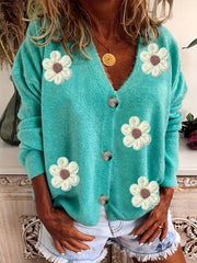  Casual Cardigan Women's Plus Floral Patch Button Decor
