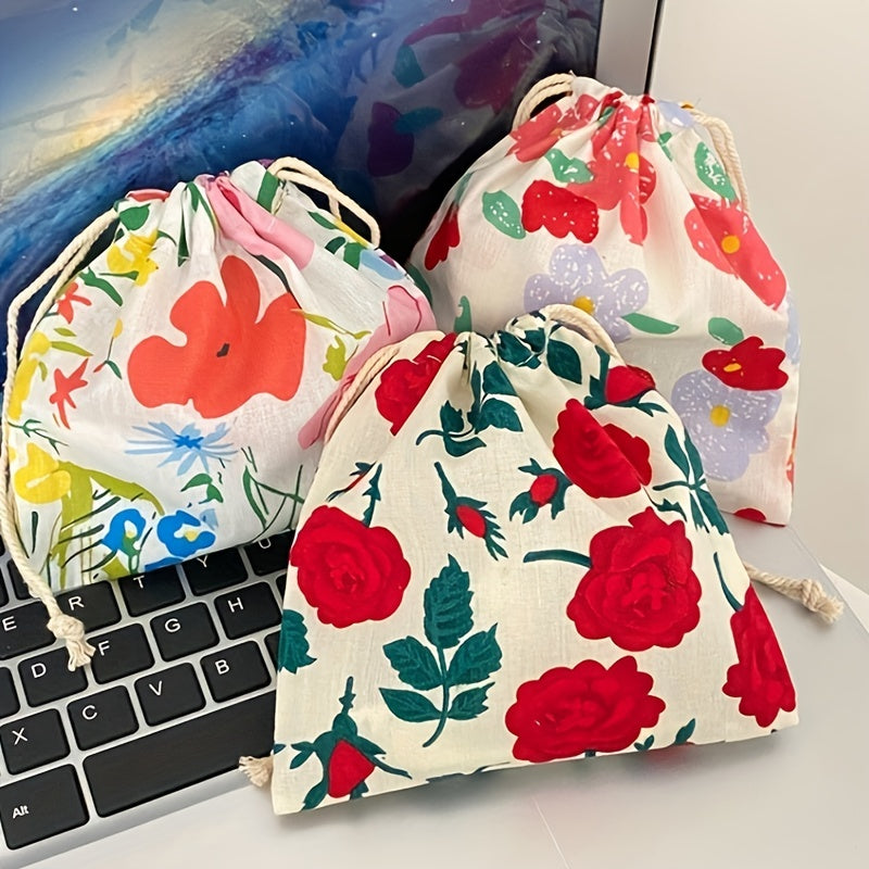 Vintage Floral Graphic Storage Bag Drawstring Jewelry Dustproof Bag Mini Bundle