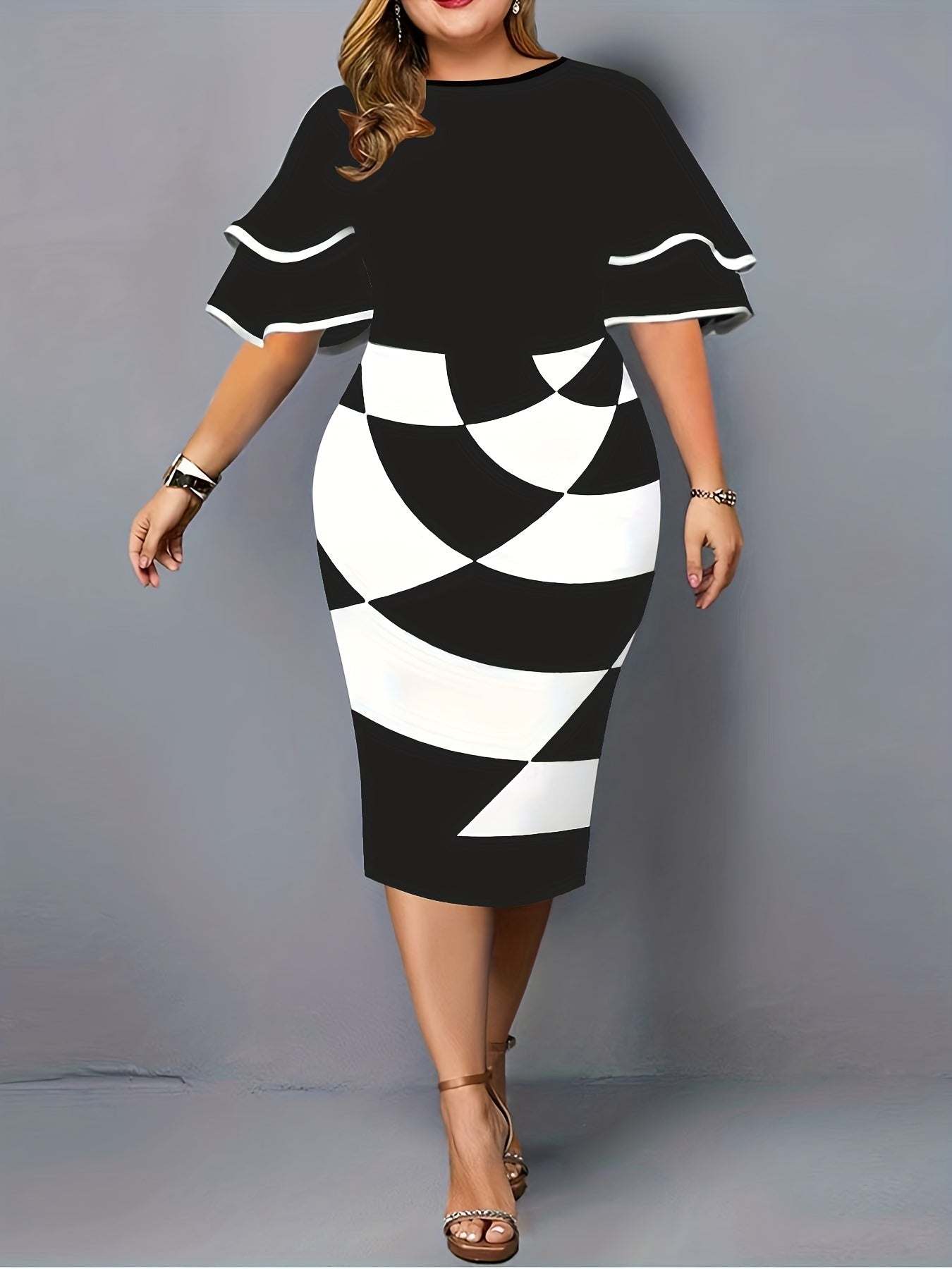  Colorblock Geometric Print Sleeve Midi Dress