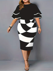  Colorblock Geometric Print Sleeve Midi Dress