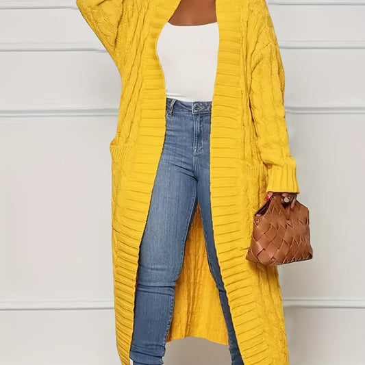  Cable Knit Open Front Cardigan with Pockets